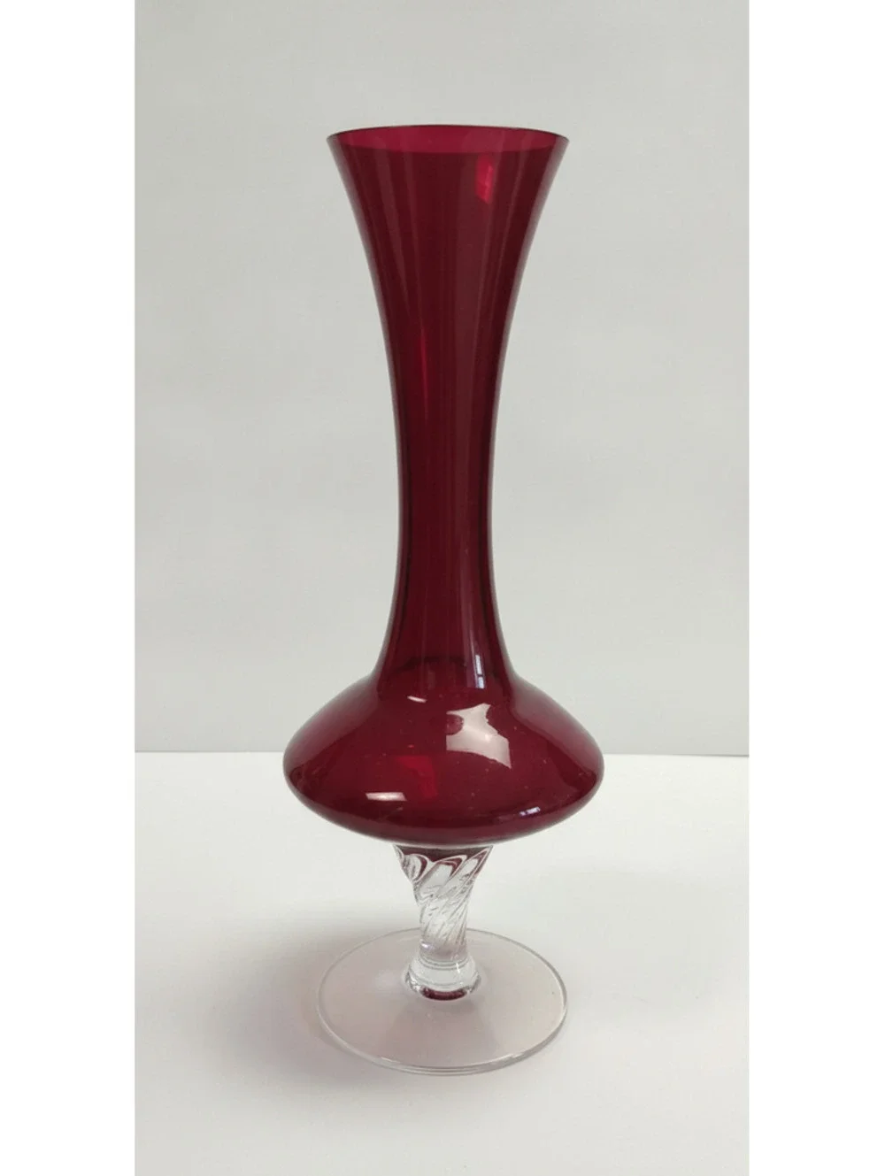 Vintage Mid-Century Ruby Red Art Glass Bud Vase w/ Twisted Stem 8" - Picture 2 of 4